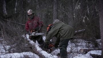 Andy Bassich corta leña y enseña a su pareja a manejar la motosierra para sobrevivir al duro invierno