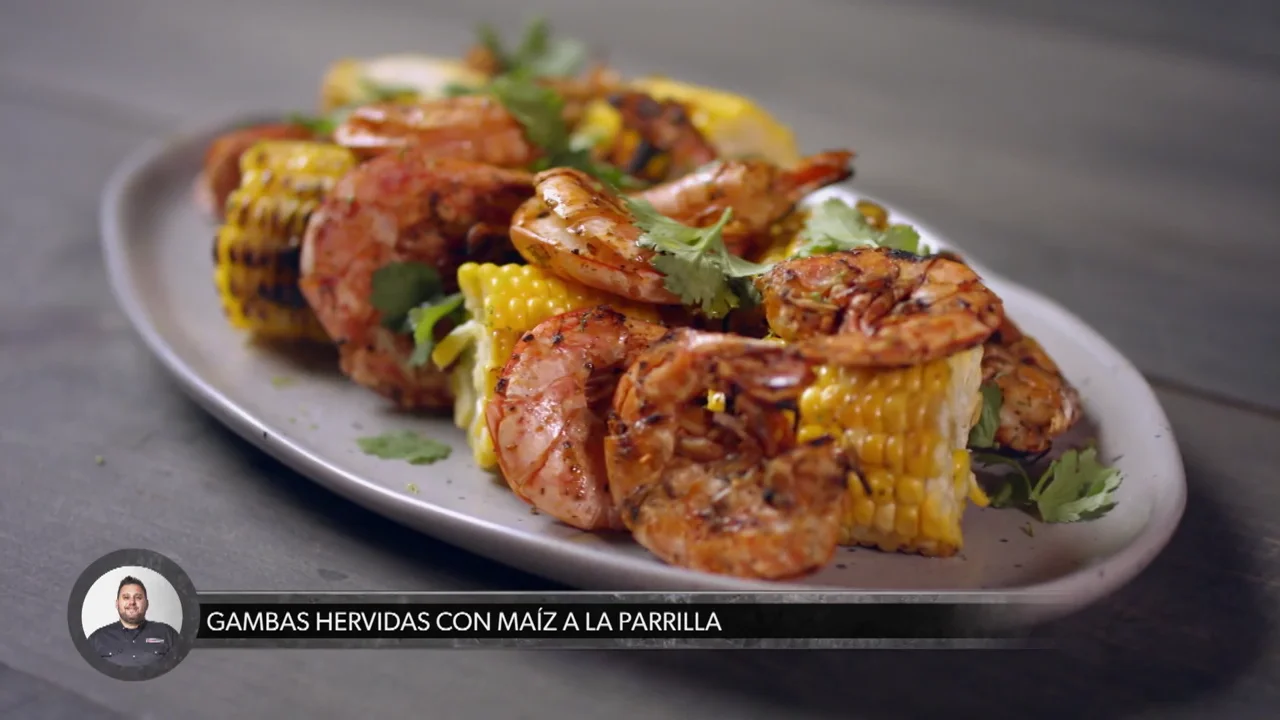 Gambas hervidas con ma&iacute;z a la parrilla, el mejor plato de maestros de la parrilla